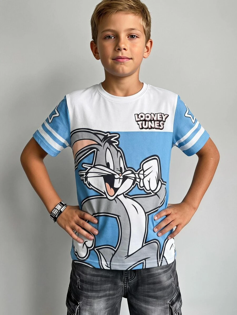 LOONEY TUNES X SHEIN GraphicGems 男童短袖T恤,蓝色卡通兔子拼接印花,适合大童夏季穿着 - 藍色 - 查看 1