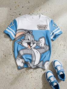 LOONEY TUNES X SHEIN GraphicGems 男童短袖T恤，蓝色卡通兔子拼接印花，适合大童夏季穿着 - 藍色 - 查看 3