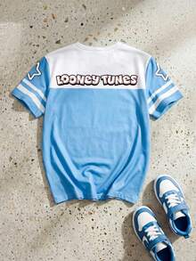 LOONEY TUNES X SHEIN GraphicGems 男童短袖T恤，蓝色卡通兔子拼接印花，适合大童夏季穿着 - 藍色 - 查看 4
