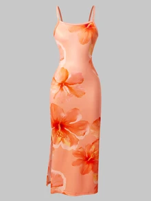 SHEIN 夏季女童无袖连衣裙，时尚优雅修身夏威夷印花度假连衣裙 - 橘色 - 查看 7