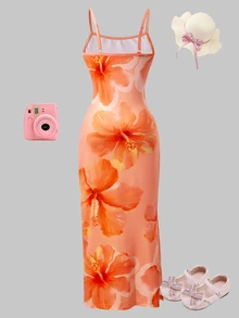 SHEIN 夏季女童无袖连衣裙，时尚优雅修身夏威夷印花度假连衣裙 - 橘色 - 查看 4