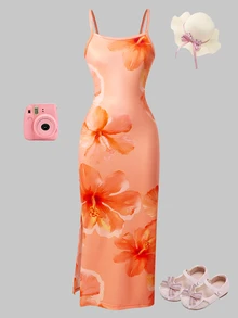 SHEIN 夏季女童无袖连衣裙，时尚优雅修身夏威夷印花度假连衣裙 - 橘色 - 查看 3