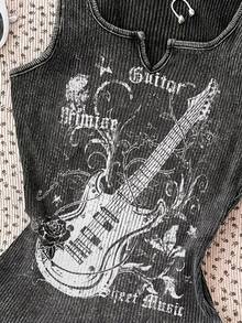 SHEIN Teen Girls'black And White English Graphic Print Ribbed Snug Fit Dress,Summer Techno Rave Street Camisole Knitted Casual Wear - Black - View 3