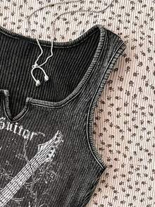SHEIN Teen Girls'black And White English Graphic Print Ribbed Snug Fit Dress,Summer Techno Rave Street Camisole Knitted Casual Wear - Black - View 4