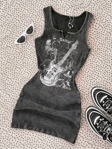 SHEIN Teen Girls'black And White English Graphic Print Ribbed Snug Fit Dress,Summer Techno Rave Street Camisole Knitted Casual Wear - Black - View 1