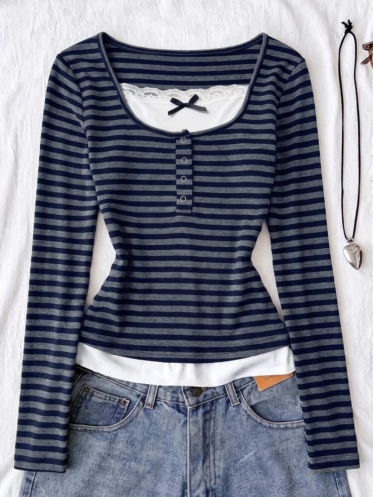 Teen Girl Teen Girls Knitted Navy Patchwork Casual Cute Long Sleeve T-Shirt Birthday Sixth Form Prom Autumn Thicken - Multicolor - View 3