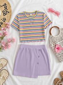 Tween Girl Casual Striped Round Neck Short Sleeve Top And Mini Skirt Set - Multicolor - View 3