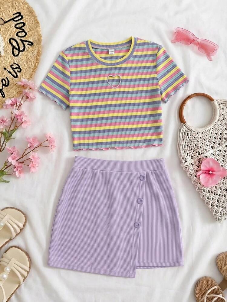 Conjunto de top de manga corta con cuello redondo a rayas y minifalda casual para niña preadolescente - Multicolor - Añade 3