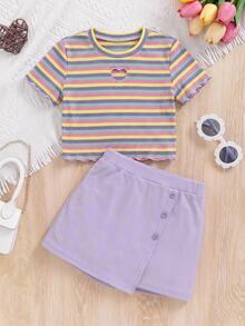 Tween Girl Casual Striped Round Neck Short Sleeve Top And Mini Skirt Set - Multicolor - View 1