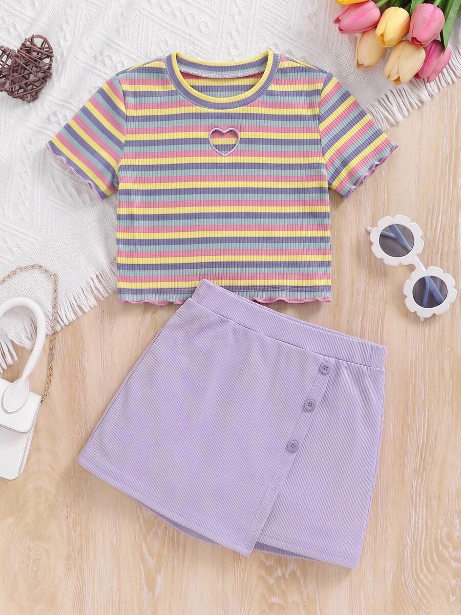 Tween Girl Casual Striped Round Neck Short Sleeve Top And Mini Skirt Set - Multicolor - View 1