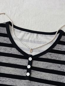 SHEIN 少女条纹领撞色纽扣短袖休闲上衣 - 彩色 - 查看 4