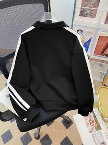 SHEIN 兒童青少年男孩休閒運動雙拉鍊黑色夾克厚外套，秋季生日禮物，復古男孩夾克，冬季上衣，冬季外套 - 黑色 - 查看 5