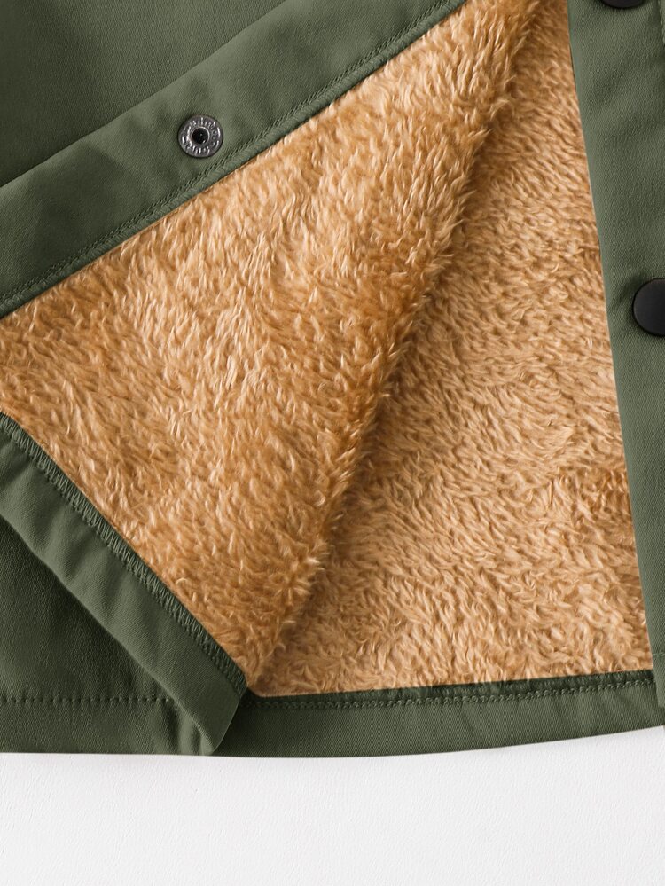 SHEIN Kids Tween Boy Casual Versatile Comfortable Composite Fleece Lined Hooded Open Front Long Sleeve Mid-Weight Woven Jacket, Suitable For Autumn/Winter, School, Family Gatherings, Back To School, Sports, Play, Birthday Parties, Photography, Vacation, Holidays - Khaki - View 5