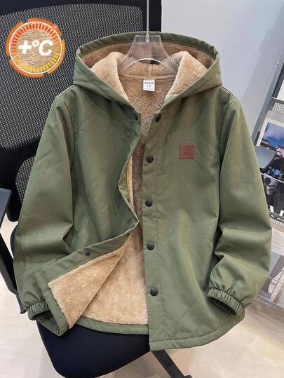 SHEIN Kids Tween Boy Casual Versatile Comfortable Composite Fleece Lined Hooded Open Front Long Sleeve Mid-Weight Woven Jacket, Suitable For Autumn/Winter, School, Family Gatherings, Back To School, Sports, Play, Birthday Parties, Photography, Vacation, Holidays
