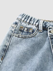 SHEIN 少女Y2K风格做旧弹力腰水洗浅蓝色柔软舒适休闲百搭牛仔裤，2025春夏新款 - 中等水洗藍 - 查看 5