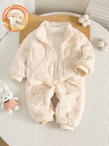 女嬰/幼女 2件組秋冬保暖內裡加厚可愛毛絨衛衣套裝，女嬰冬季衣著/套裝，萬聖節 - 杏色 - 查看 6
