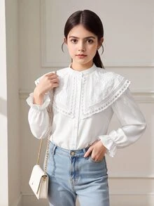 SHEIN Tween女孩花卉刺繡圖案單排扣休閒日常穿著襯衫 - 白色 - 查看 3