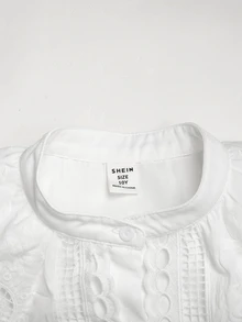 SHEIN Tween女孩花卉刺繡圖案單排扣休閒日常穿著襯衫 - 白色 - 查看 7