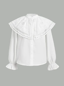 SHEIN Tween女孩花卉刺繡圖案單排扣休閒日常穿著襯衫 - 白色 - 查看 5