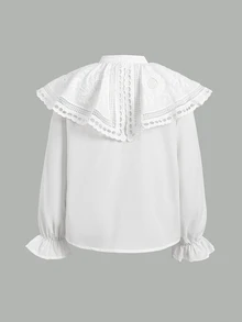 SHEIN Tween女孩花卉刺繡圖案單排扣休閒日常穿著襯衫 - 白色 - 查看 4