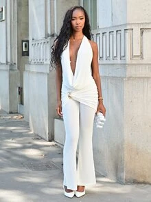 Mima John Women's Sexy White Halter Knitted Semi Sheer Camisole Top And Pants Two Piece Outfit Draped Design - White - View 3
