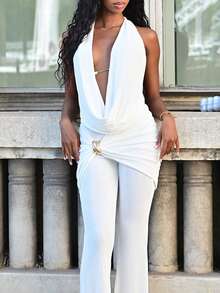 Mima John Women's Sexy White Halter Knitted Semi Sheer Camisole Top And Pants Two Piece Outfit Draped Design - White - View 4