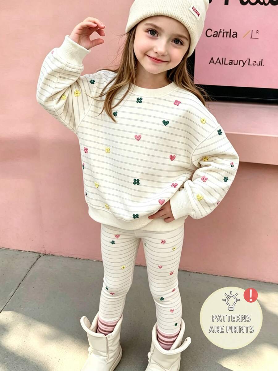 1 Set Random Young Girl Outfit Set,Animal Element Pattern Print Crew Neck Long Sleeve Ribbed Sweatshirt Paired  Matching Pattern Print Long Leggings - Multicolor - View 1