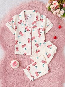 SHEIN 女童可愛兔子印花短袖開襟衫與長褲兩件套，休閒公主風舒適寬鬆居家服，適合夏季 - 彩色 - 查看 5
