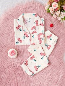 SHEIN 女童可愛兔子印花短袖開襟衫與長褲兩件套，休閒公主風舒適寬鬆居家服，適合夏季 - 彩色 - 查看 7
