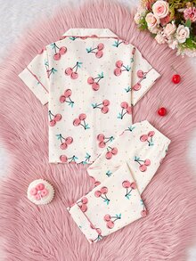 SHEIN 女童可愛兔子印花短袖開襟衫與長褲兩件套，休閒公主風舒適寬鬆居家服，適合夏季 - 彩色 - 查看 2