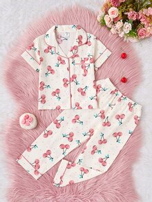SHEIN 女童可愛兔子印花短袖開襟衫與長褲兩件套，休閒公主風舒適寬鬆居家服，適合夏季 - 彩色 - 查看 6