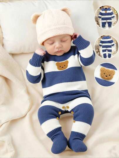 SHEIN Newborn Boy Blue & White Striped Sweater Jumpsuit,Cute Bear Embroidered Round Neck Long Sleeve Footsie,Autumn Winter Warm Knitted Romper 0-3 Months