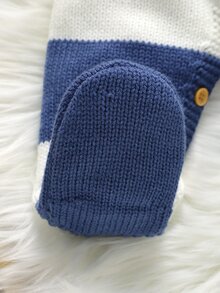 SHEIN 新生兒男嬰藍白條紋針織連身衣 熊刺繡圓領長袖連腳連身衣 秋冬款 0-3個月 Club Cozy - 藍白色 - 查看 6