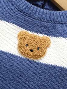 SHEIN 新生兒男嬰藍白條紋針織連身衣 熊刺繡圓領長袖連腳連身衣 秋冬款 0-3個月 Club Cozy - 藍白色 - 查看 5