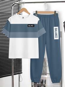 Teen Boy Casual Minimalist Short Sleeve Crew Neck T-Shirt And Pants Set, Suitable For Autumn/Winter, Classic Cool Square Split Pattern Print, Cool Exquisite Small Logo Text Pattern Print, Suitable For Autumn/Winter Back To School Season - Multicolor - View 3