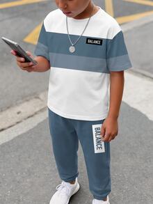 Teen Boy Casual Minimalist Short Sleeve Crew Neck T-Shirt And Pants Set, Suitable For Autumn/Winter, Classic Cool Square Split Pattern Print, Cool Exquisite Small Logo Text Pattern Print, Suitable For Autumn/Winter Back To School Season - Multicolor - View 2