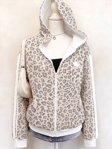 Tween Girls Cute Retro Fashion Leopard Print Color Block Striped Sweatshirt Zip-Up Jacket For Girls, Casual Comfortable, Suitable For Spring/Autumn/Winter Daily Wear, Holiday Activities, Outings, Campus Life, Sports Occasions, Back To School Gatherings And More - Multicolor - View 3