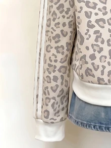 Tween Girls Cute Retro Fashion Leopard Print Color Block Striped Sweatshirt Zip-Up Jacket For Girls, Casual Comfortable, Suitable For Spring/Autumn/Winter Daily Wear, Holiday Activities, Outings, Campus Life, Sports Occasions, Back To School Gatherings And More - Multicolor - View 4