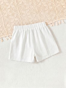 青少年女孩奶油黃夏季可愛度假純色鬆緊腰休閒短褲，100%純棉畢業季日常穿搭 - 彩色 - 查看 4