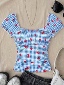 SHEIN Teen Girl Summer Cute Vacation Pleated Short-Sleeve Slim T-Shirt,Deep Square Neck Floral Lace Mesh Puff Sleeve,Tea Party Tops - Multicolor - View 2