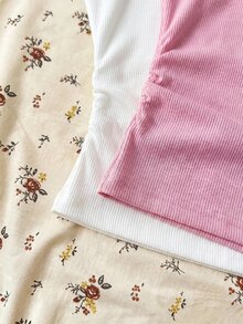 SHEIN 2件組青少年女孩黑白針織休閒抓皺不對稱肩修身短版上衣，買1送1 - 彩色 - 查看 5
