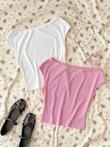 SHEIN 2件組青少年女孩黑白針織休閒抓皺不對稱肩修身短版上衣，買1送1 - 彩色 - 查看 2