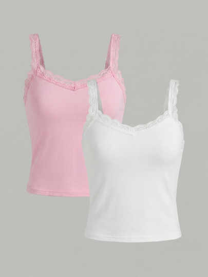 SHEIN Girlism Teen Girl Summer Casual Solid Color Lace Trim Camisole