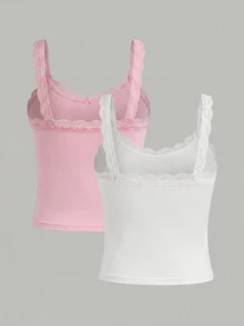SHEIN Girlism 青少年女孩夏季休閒純色蕾絲飾邊細肩帶背心 - 彩色 - 查看 2