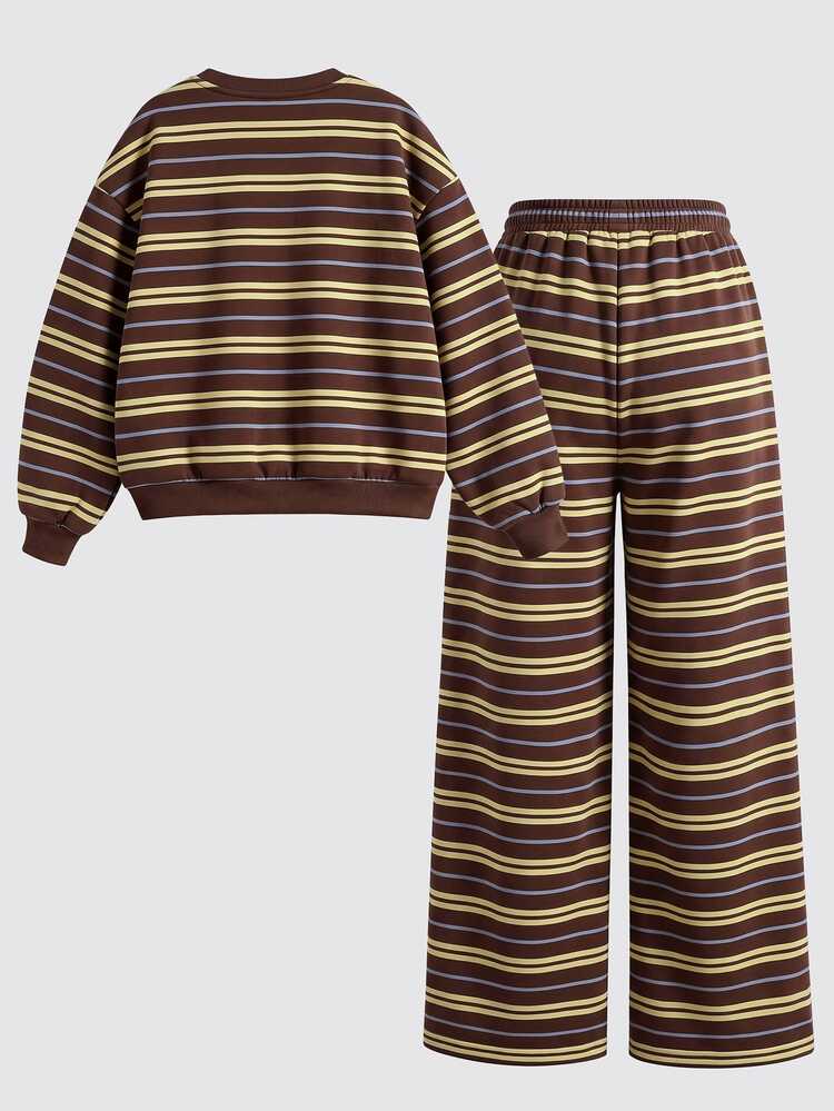 Tween Girls Retro Marled Brown Striped Print Crew Neck Drop Shoulder Sweatshirt & Straight Leg Pants 2-Piece Set, Street Retro Style, Casual Comfortable, Children's Autumn Layering, Y2K, Sportswear, Outing, Street Photography, Campus, Chill Chill - Multicolor - View 2