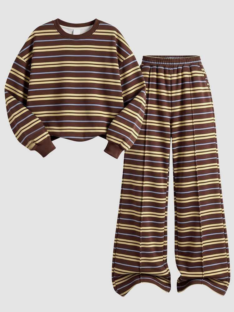 Tween Girls Retro Marled Brown Striped Print Crew Neck Drop Shoulder Sweatshirt & Straight Leg Pants 2-Piece Set, Street Retro Style, Casual Comfortable, Children's Autumn Layering, Y2K, Sportswear, Outing, Street Photography, Campus, Chill Chill - Multicolor - View 4