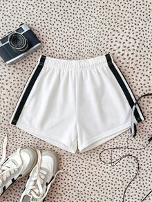 SHEIN Surprise Box 青少女白色夏季寬鬆針織抽繩短褲，刺繡數字圖案，健身返校穿搭 - 彩色 - 查看 2