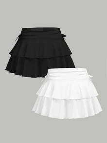 SHEIN Girlism 青少年女孩 2件組 黑白休閒層次穿搭內搭褲與裙子，加厚保暖內裡 - 彩色 - 查看 2