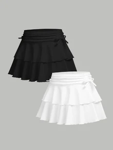 SHEIN Girlism 青少年女孩 2件組 黑白休閒層次穿搭內搭褲與裙子，加厚保暖內裡 - 彩色 - 查看 5