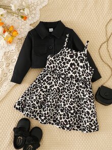 SHEIN Vintaside Kids 2pcs Toddler Baby Girl Jacket Dress Cute Sweet Black Leopard Tiered Button Long Sleeve Lapel Regular Birthday Party Spring Princess First Birthday Set - Black - View 3
